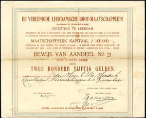 De Vereenigde Leerdamsche Boot-Maatschappijen N.V., Bewijs van aandeel, eerste serie, 250 Gulden, September 1920