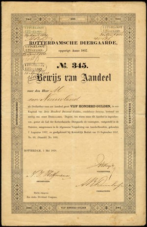 Rotterdamsche Diergaarde, Bewijs van aandeel, 500 Gulden, 1 Mei 1858