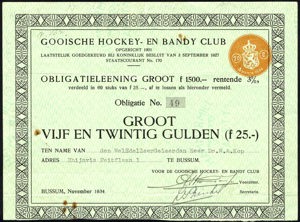 Gooische Hockey- en Bandy Club, Obligatie, 25 Gulden, November 1934