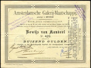 Amsterdamsche Galerij-Maatschappij, Bewijs van aandeel, 1000 Gulden, 29 June 1882