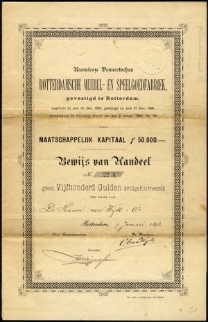 Rotterdamsche Meubel- en Speelgoedfabriek NV, Bewijs van aandeel, 500 Gulden, 9 Januari 1892
