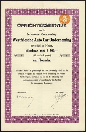 Westfriesche Auto Car Onderneming (WACO), Oprichtersbewijs (aflosbaar met 500 gulden), 1930
