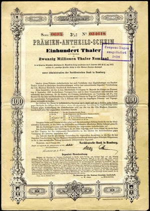 Germany, Cöln-Mindener Eisenbahn-Gesellschaft, 3½% Prämien-Anteilschein, 100 Thaler, 2. Februar 1871