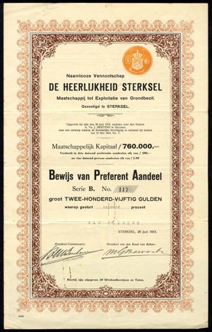 De Heerlijkheid Sterksel, Maatschappij tot Exploitatie van Grondbezit N.V., Bewijs van preferent aandeel, serie B, 250 Gulden, 28 June 1915