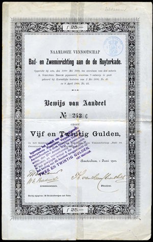 Bad en Zweminrichting aan de De Ruyterkade N.V., Bewijs van aandeel, 25 Gulden, 1 June 1900