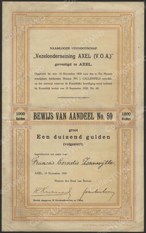 Vezelonderneming Axel ( V.O.A.) N.V., Bewijs van Aandeel, 1000 Gulden, 10 November 1920