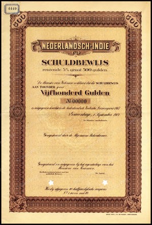 Nederlandsch-Indie, 5% lening 1917, Schuldbewijs, 500 Gulden, 1 September 1917, PROOF