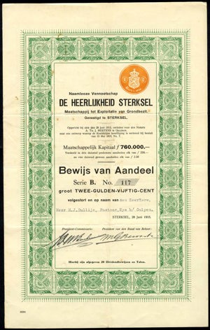 De Heerlijkheid Sterksel, Maatschappij tot Exploitatie van Grondbezit N.V., Bewijs van aandeel, serie B, 2.50 Gulden, 28 June 1915