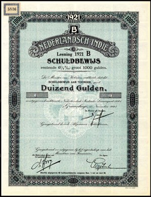 Nederlandsch-Indie, 6,5% lening 1921B, Schuldbewijs, 1000 Gulden, 15 November 1921, PROOF