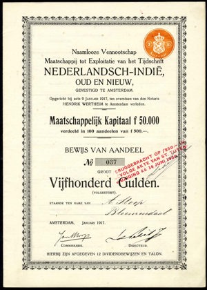 Maatschappij tot Exploitatie van het Tijdschrift Nederlandsch-Indië Oude en Nieuw N.V., Bewijs van aandeel, 500 Gulden, January 1917