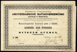 Amsterdamsche Rijtuigvereeniging, Aandeel aan toonder, 1000 Gulden, 1 April 1881
