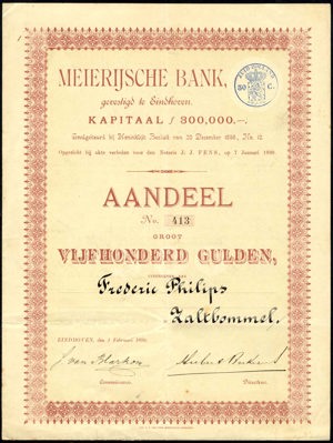 Meierijsche Bank, Aandeel, 500 Gulden, 1 February 1899