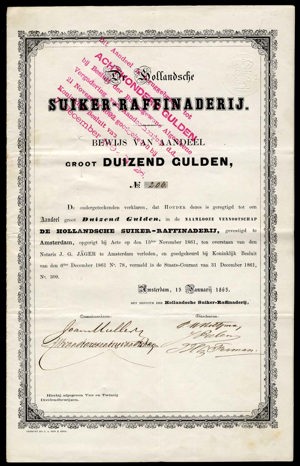 De Hollandsche Suiker-Raffinaderij, Bewijs van aandeel, 1000 Gulden, 15 January 1863