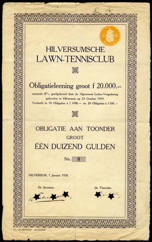 Hilversumsche Lawn-Tennisclub, Obligatie aan toonder, 1000 Gulden, 1 January 1920
