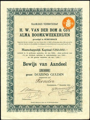 H.W. van der Bom _ Co´s Alma Boomkweekerijen N.V., Bewijs van aandeel, 1000 Gulden, 16 December 1912