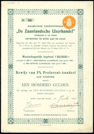 De Zaanlandsche IJzerhandel N.V., Bewijs van 5% preferent aandeel, 100 Gulden, 1 July 1915