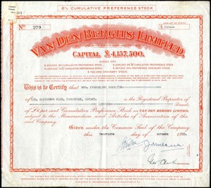 Great Britain, Van den Berghs Limited, Certificate of 6% cumulative preference stock, 100 Pounds, 13 October 1935