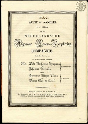 Nederlandsche Algemeene Levens-Verzekering Compagnie, Aandeel, 1000 Gulden, 1 January 1824