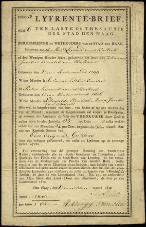 Thesaurie der Stad Den Haag, 8½% Lyfrente-brief, 1000 Gulden, 1 Mei 1810