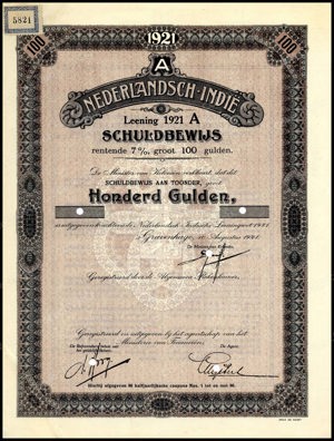 Nederlandsch-Indie, 7% lening 1921A, Schuldbewijs, 100 Gulden, 10 Augustus 1921, PROOF