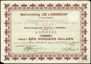 Melkinrichting "De Landbouw", Aandeel, 100 Gulden, 31 August 1899