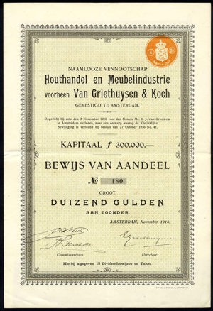 Houthandel en Meubelindustrie voorheen Van Griethuysen & Koch N.V., Bewijs van aandeel, 1000 Gulden, November 1916