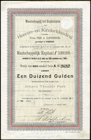 Maatschappij tot Exploitatie van Heeren- en Kinderkleeding voorheen Firma Peek & Cloppenburg, Bewijs van één aandeel, serie A, 1000 Gulden, 1 January 1900