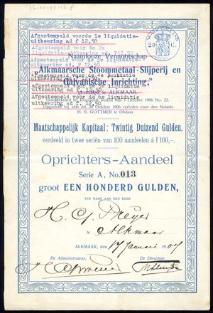 Alkmaarsche Stoommetaal - Slijperij en Galvanische Inrichting N.V., Oprichters-aandeel, 100 Gulden, 17 January 1907