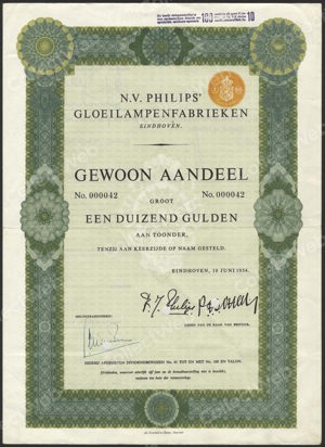 Philips' Gloeilampenfabrieken N.V., Gewoon Aandeel, 1000 Gulden, 10 Juni 1954, transferred to Frits Philips in 1970