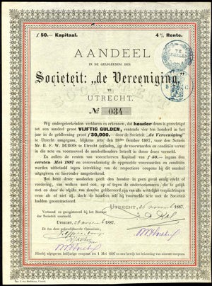 Societeit "de Vereeniging", Aandeel (Obligatie), 50 Gulden, 26 November 1887