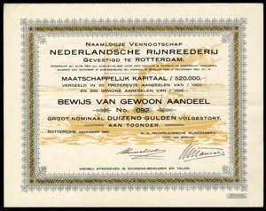 Nederlandsche Rijnreederij N.V., Bewijs van gewoon aandeel, 1000 Gulden, December 1920