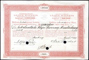 Spoorwegmaatschappij Leiden - Woerden, Bewijs van honderd volgestorte aandeelen, 24,000 Gulden, 1 March 1879