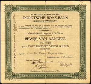 Dortsche Boaz-Bank N.V., Bewijs van aandeel, 250 Gulden, 15 December 1924