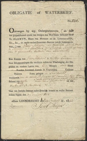 Gemeente Loosdrecht, Obligatie of Waterbrief, 450 Gulden, 29 Januari 1822