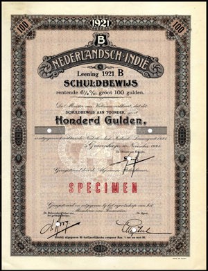 Nederlandsch-Indie, 6,5% lening 1921B, Schuldbewijs, 100 Gulden, 15 November 1921, SPECIMEN