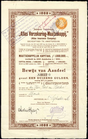 Atlas Verzekering-Maatschappij N.V., Bewijs van aandeel, 1000 Gulden, 2 September 1916