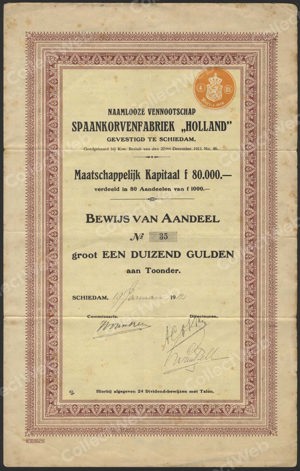 Spaankorvenfabriek Holland N.V., Bewijs van Aandeel, 1000 Gulden, 19 Januari 1912