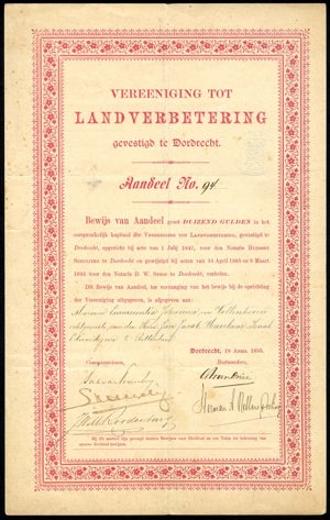 Vereeniging tot Landverbetering, Aandeel, 1000 Gulden, 19 April 1895