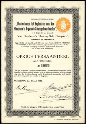 Maatschappij tot Exploitatie van Van Blaaderen's Drijvende Scheepsbrandkasten N.V., Oprichtersaandeel, 22 April 1916