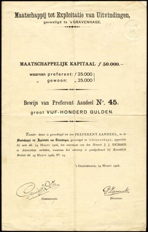 Maatschappij tot Expoitatie van Uitvindingen, Bewijs van preferent aandeel, 500 Gulden, 24 March 1906