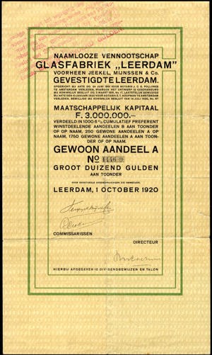 Glasfabriek "Leerdam" voorheen Jeekel, Mijnsen & Co. N.V., Gewoon aandeel A, 1000 Gulden, 1 October 1920