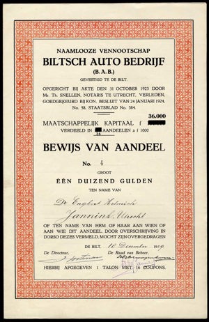 Biltsch Auto Bedrijf N.V., Bewijs van aandeel, 1000 Gulden, 18 December 1929