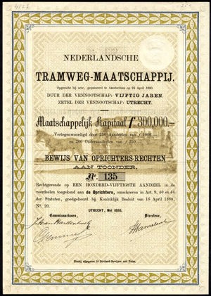 Nederlandsche Tramweg-Maatschappij, Bewijs van oprichters-rechten, 1/150 aandeel, May 1880