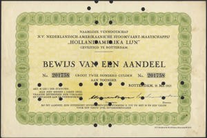 Nederlandsch-Amerikaansche Stoomvaart Maatschappij Holland-Amerika Lijn N.V., Bewijs van 1 Aandeel, 200 Gulden, 21 Mei 1953