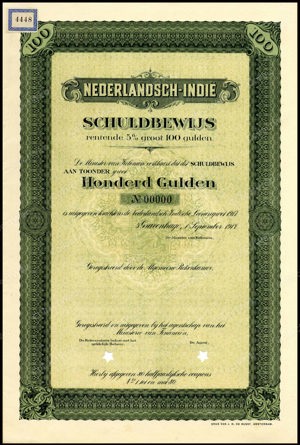 Nederlandsch-Indie, 5% lening 1917, Schuldbewijs, 100 Gulden, 1 September 1917, PROOF