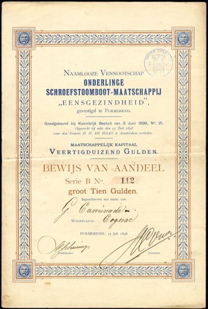Onderlinge Schroefstoomboot-Maatschappij N.V., Bewijs van aandeel, serie B, 10 Gulden, 15 July 1898