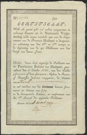 Provintiaal Bestuur van Holland, Certificaat, 10 Gulden, 27 December 1797