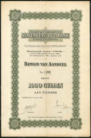 Slavenburg & Co's bank N.V., Bewijs van aandeel, 1000 Gulden, 3 Januari 1921