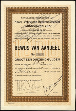 Noord-Veluwsche Kunstmesthandel "Landbouwbelang" N.V., Bewijs van aandeel, 1000 Gulden, 1 December 1921
