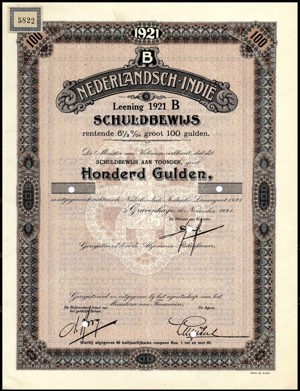 Nederlandsch-Indie, 6,5% lening 1921B, Schuldbewijs, 100 Gulden, 15 November 1921, PROOF